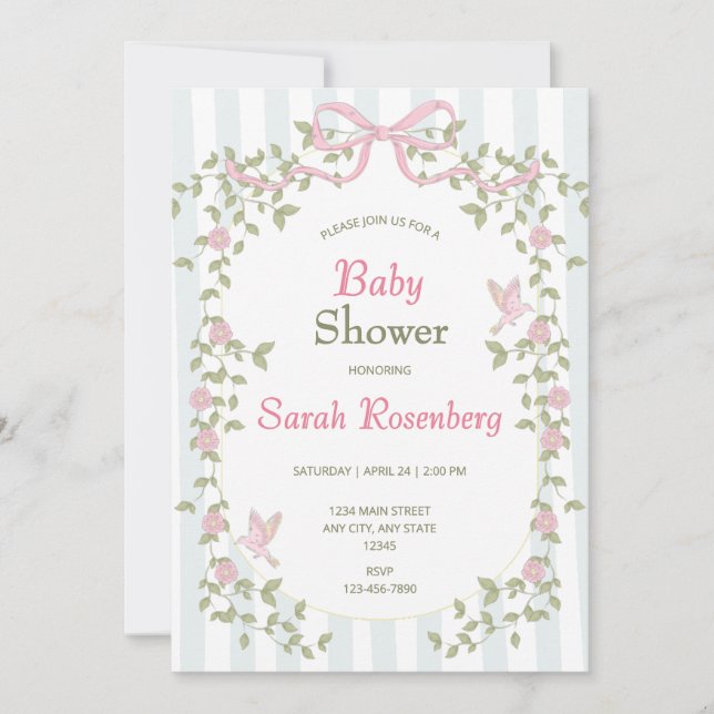 Vattenfärg Rosa Blommor & Bow Baby Shower Inbjudningar (Framsida)