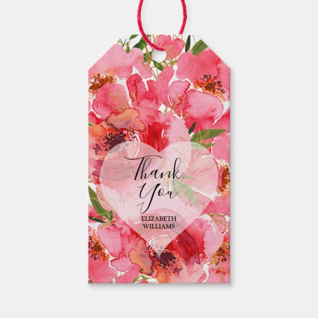 Vattenfärg Rosa Blommor Bröllopsdusch Tack Presentetikett (Framsidan)