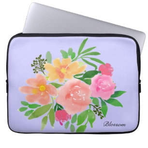 Vattenfärg rosa blommor & gröna blad laptop fodral