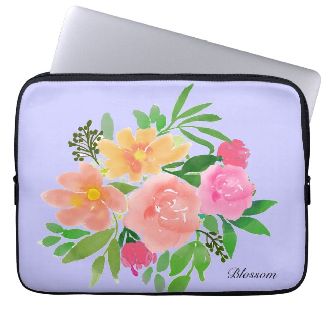 Vattenfärg rosa blommor & gröna blad laptop fodral (Framsidan)