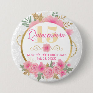 Vattenfärg Rosa Blommor & Guld Folie Quinceañera Knapp