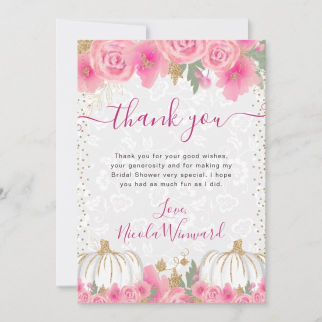 Vattenfärg Rosa Blommor Höst Pumpa Bröllopsdusch Tack Kort (Framsida)