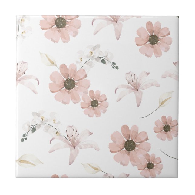 Vattenfärg Rosa Blommor Konst Kakelplatta (Framsidan)