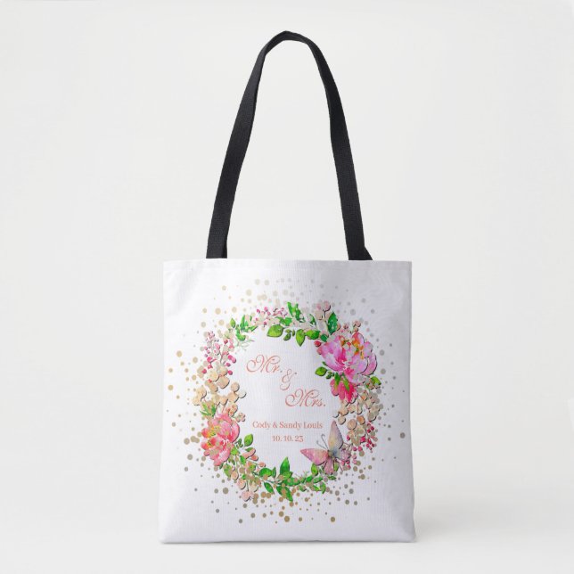 Vattenfärg Rosa Blommor och Fjäril Vår Kast  Tygkasse (Framsida)