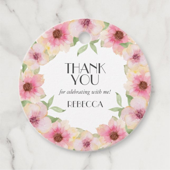 Vattenfärg Rosa Blommor Tack För Gåva Etiketter (Framsida)