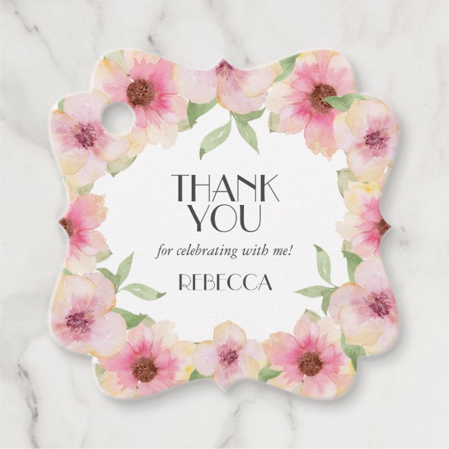 Vattenfärg Rosa Blommor Tack Gåvor Etiketter (Framsida)