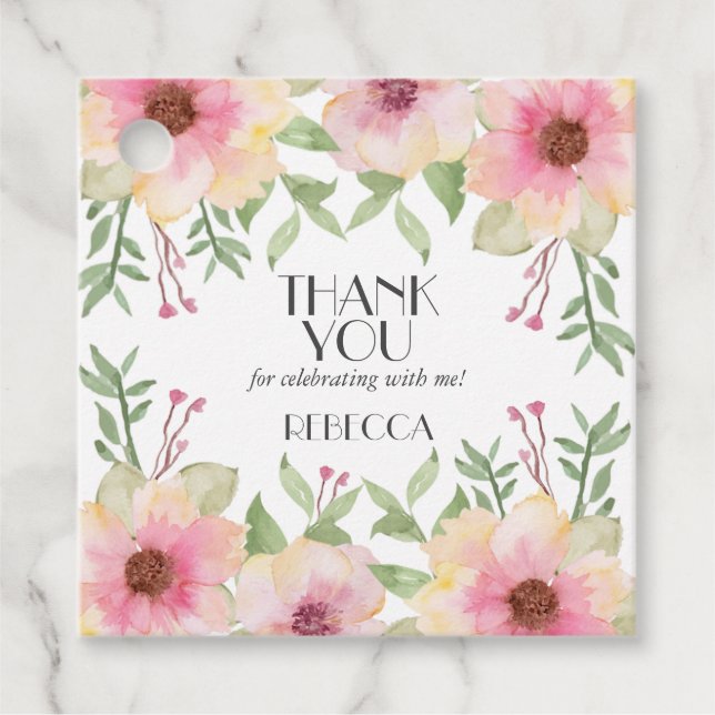 Vattenfärg Rosa Blommor Tack Gåvor Etiketter (Framsida)