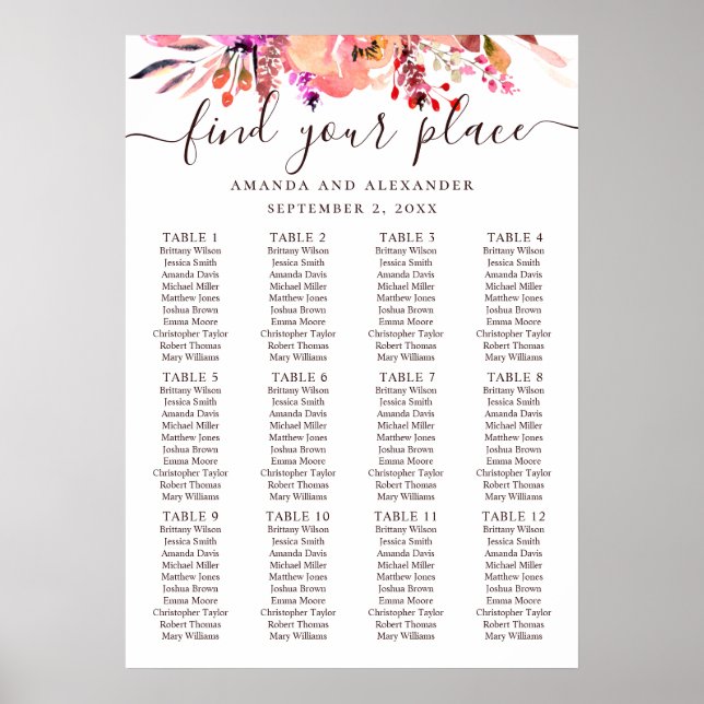 Vattenfärg rosa blomsterbröllop placeringskarta poster (Framsidan)