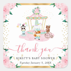 Vattenfärg Rosa Cirkus Djur Blommig Baby Shower Fyrkantigt Klistermärke