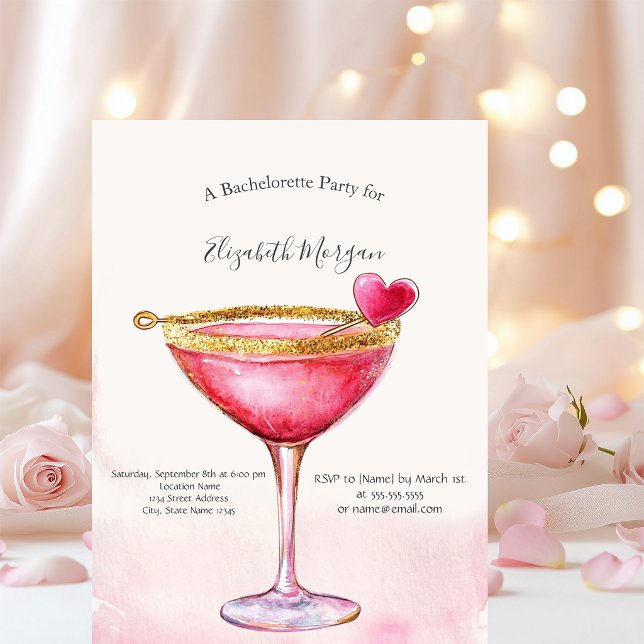 Vattenfärg Rosa Cocktail Hjärt Möhippa Fest Inbjudningar (Skapare uppladdad)