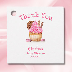 Vattenfärg rosa cupcake med choklad baby shower gåvor etiketter