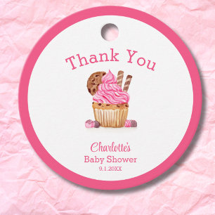 Vattenfärg rosa cupcake med choklad baby shower gåvor etiketter