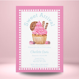 Vattenfärg rosa cupcake med choklad baby shower inbjudningar