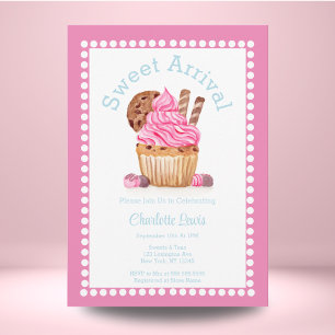 Vattenfärg rosa cupcake med choklad baby shower inbjudningar