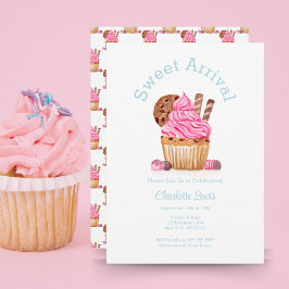 Vattenfärg rosa cupcake med choklad baby shower inbjudningar