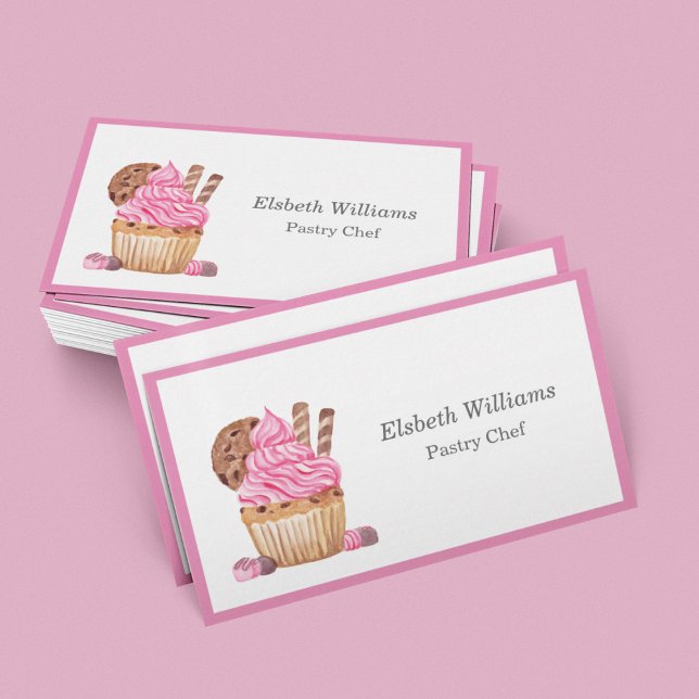 Vattenfärg Rosa Cupcake Med Choklad Minimalistisk  Visitkort (Skapare uppladdad)