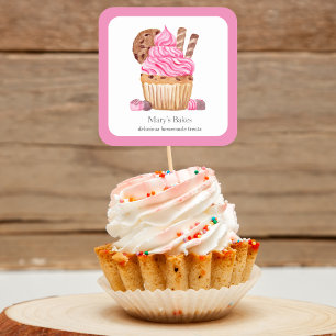 Vattenfärg rosa cupcake med chokladbakery fyrkantigt klistermärke