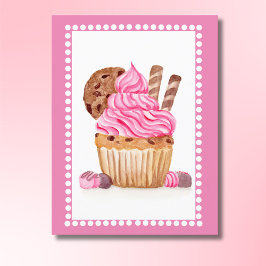Vattenfärg Rosa Cupcake Med Chokladfödelsedag Vykort