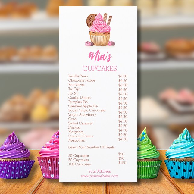 Vattenfärg Rosa Cupcake Med Cookie Bageri Prissätt Meny (Skapare uppladdad)