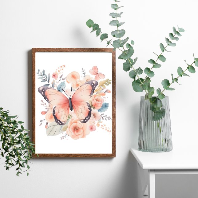 Vattenfärg Rosa Fjäril Blommig Väggkonst  (Pink Butterfly Floral Watercolor Wall Art Poster, Framed or Unframed)