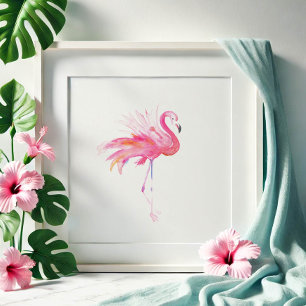 Vattenfärg Rosa Flamingo Original Tropical Art Poster