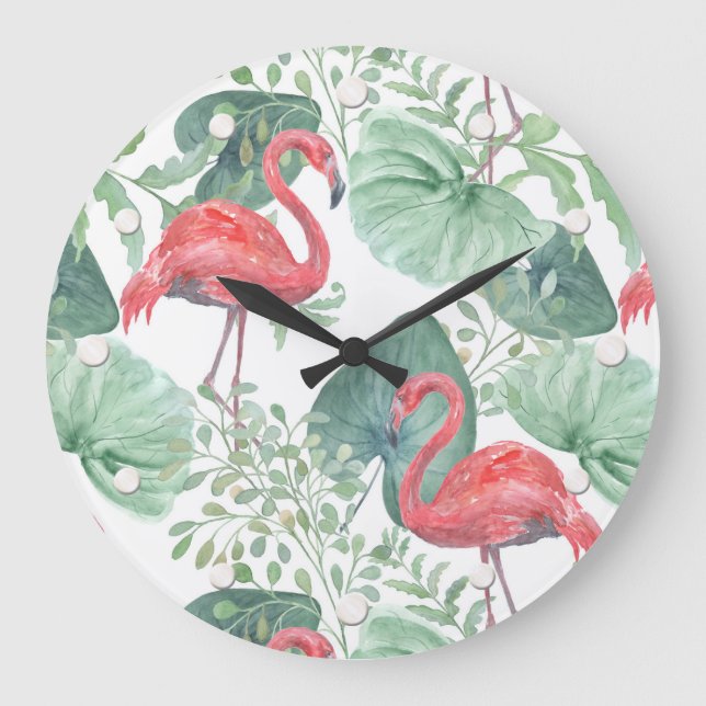 Vattenfärg Rosa flamingos och blad. Stor Klocka (Framsida)