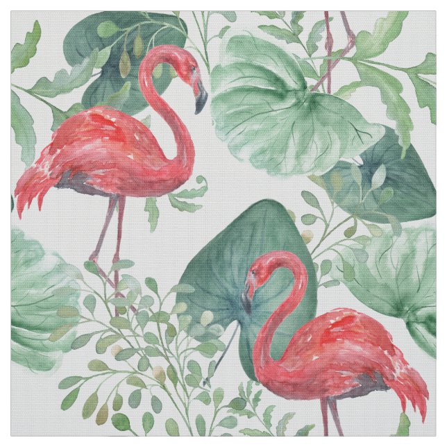 Vattenfärg Rosa flamingos och blad. Tyg (Provkarta)