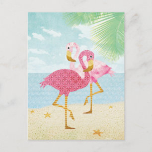 Vattenfärg Rosa Flamingos på Stranden Vykort