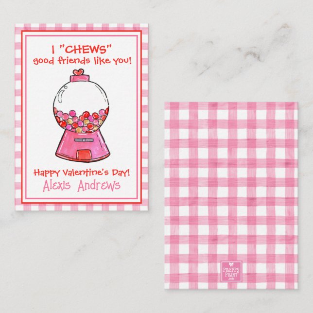 Vattenfärg Rosa Gingham Karameller Alla Hjärtans D Anteckningskort (Fram/baksida)
