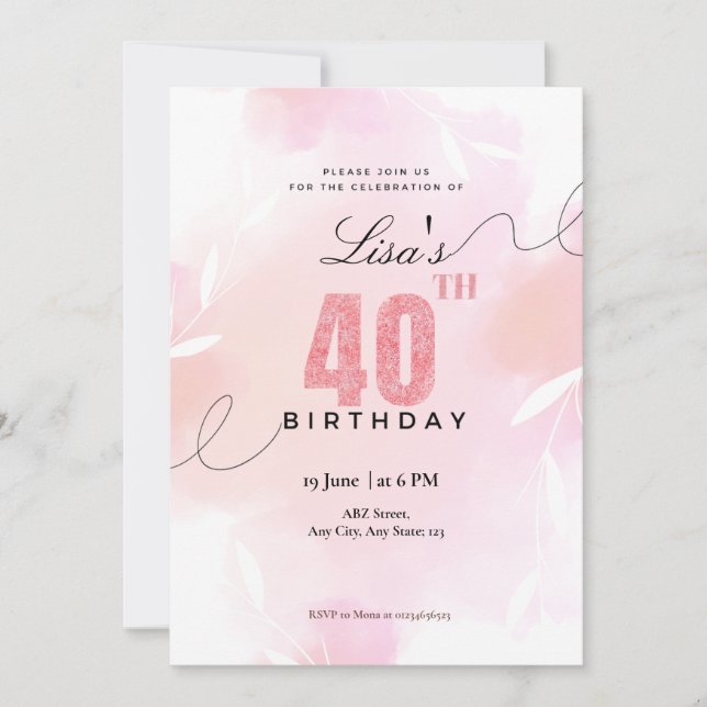 Vattenfärg Rosa glitter 40-årsdag  Inbjudningar (Framsida)