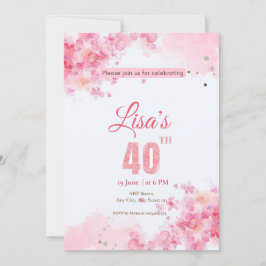 Vattenfärg rosa glitter 40-årsdag inbjudningar