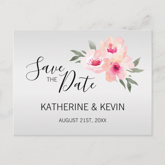 Vattenfärg Rosa Grå Blommig Bröllop Spara DATUM Meddelande Vykort (Framsida)