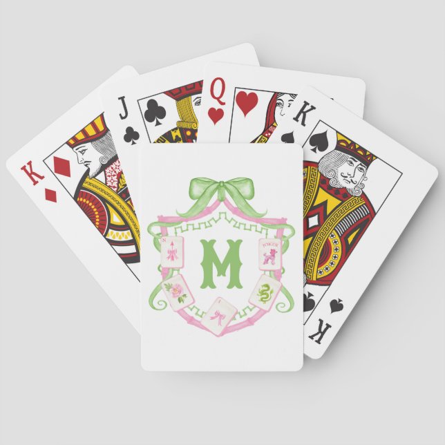 Vattenfärg Rosa & Grön Bow Mahjong Monogram Krön Casinokort (Baksidan)
