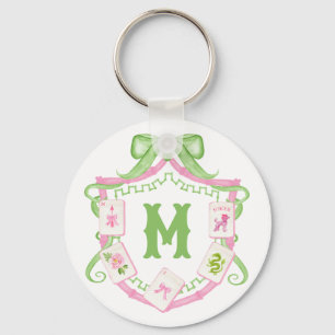 Vattenfärg Rosa & Grön Bow Mahjong Monogram-krön Nyckelring