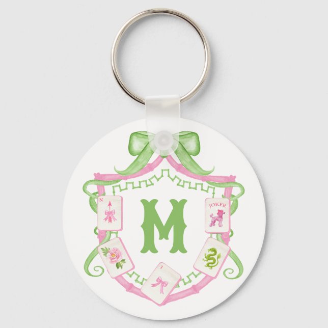 Vattenfärg Rosa & Grön Bow Mahjong Monogram-krön Nyckelring (Framsida)