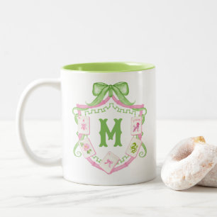Vattenfärg Rosa & Grön Bow Mahjong Monogram-krön Två-Tonad Mugg