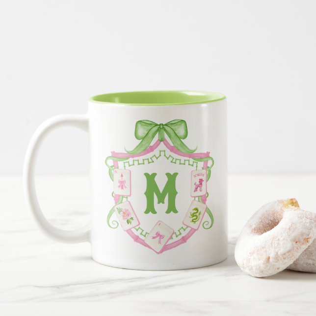 Vattenfärg Rosa & Grön Bow Mahjong Monogram-krön Två-Tonad Mugg (Med munk)