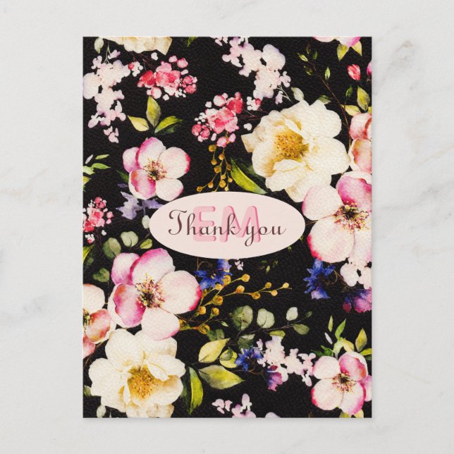 Vattenfärg Rosa & Gula Rosor på Svart, Födelsedag Vykort (Framsida)