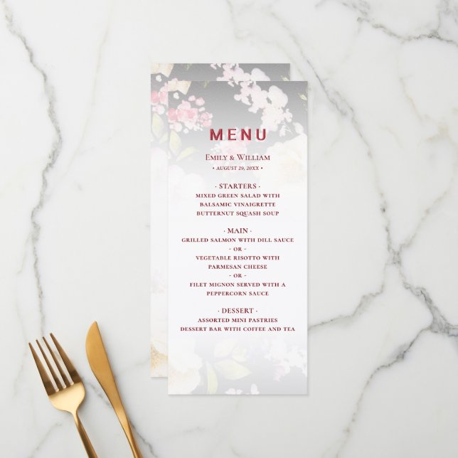 Vattenfärg Rosa Gula Rosor,svart suddig,Bröllop Meny (Fram/Back In Situ)