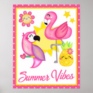 Vattenfärg Rosa & Gula Tropiska Fåglar Sommar Poster