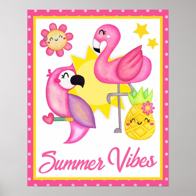 Vattenfärg Rosa & Gula Tropiska Fåglar Sommar Poster (Framsidan)