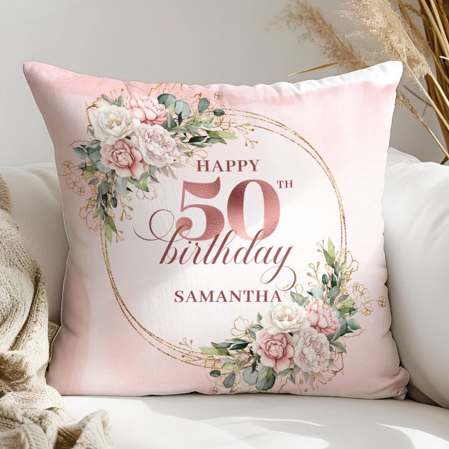 Vattenfärg Rosa Guld 50-års Födelsedags Kuddgåva Kudde (Watercolor Rose Gold 50th Birthday Pillow Gift)