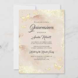 Vattenfärg Rosa Guld Fjäril Klänning Quinceanera Inbjudningar