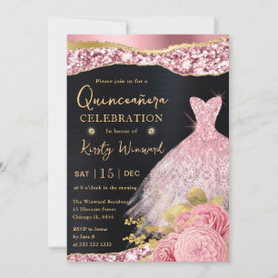 Vattenfärg Rosa & Guld Glitter Klänning Quinceaner Inbjudningar