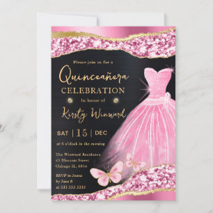 Vattenfärg Rosa & Guld Glitter Klänning Quinceaner Inbjudningar