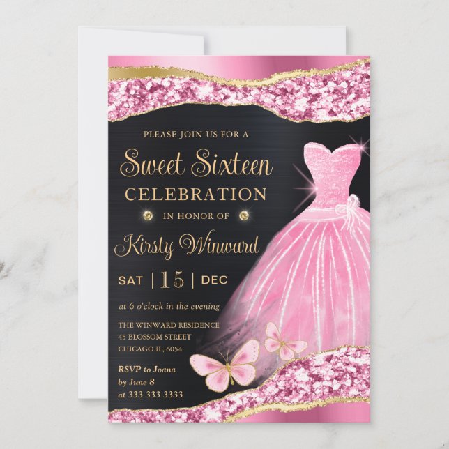 Vattenfärg Rosa & Guld Glitter Klänning Sweet Sixt Inbjudningar (Framsida)
