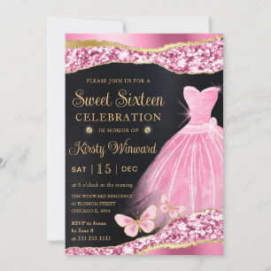 Vattenfärg Rosa & Guld Glitter Klänning Sweet Sixt Inbjudningar