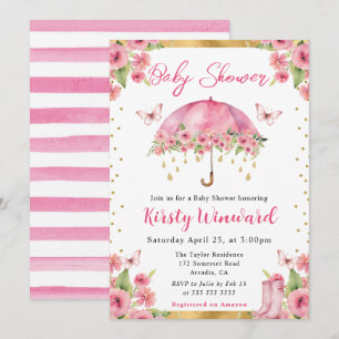 Vattenfärg Rosa Guld Vår Paraply Baby Shower Inbjudningar