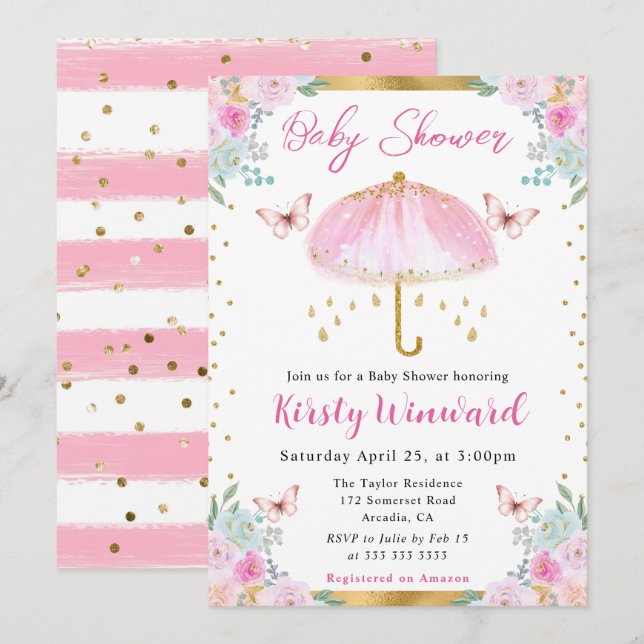 Vattenfärg Rosa Guld Vår Paraply Baby Shower Inbjudningar (Fram/baksida)