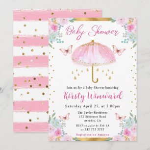 Vattenfärg Rosa Guld Vår Paraply Baby Shower Inbjudningar